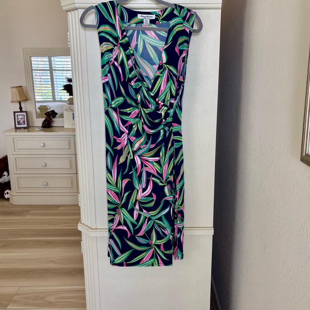 EUC TOMMY BAHAMA Navy Leaf Print Midi Dress S